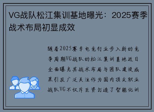 VG战队松江集训基地曝光：2025赛季战术布局初显成效